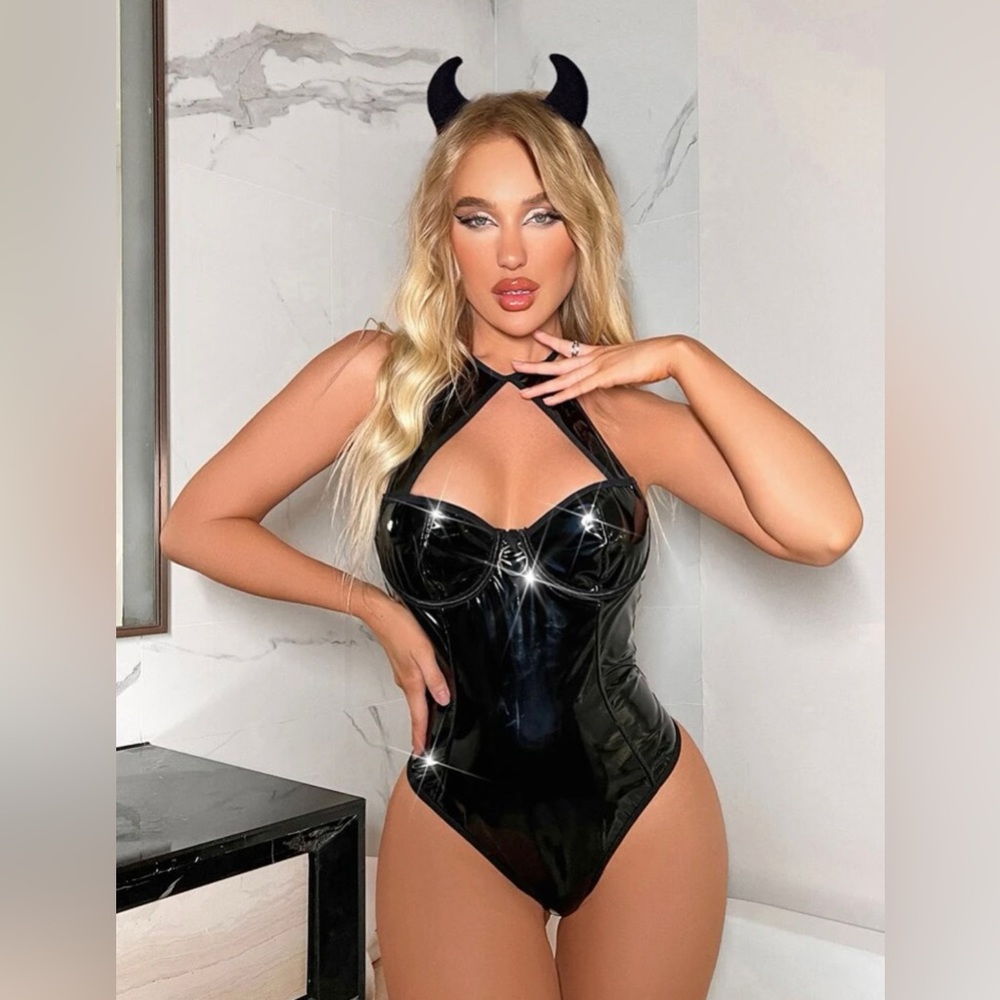 COPY - Patent Ring Cut Out Halter Teddy Body Suit & Animal Costume Headband